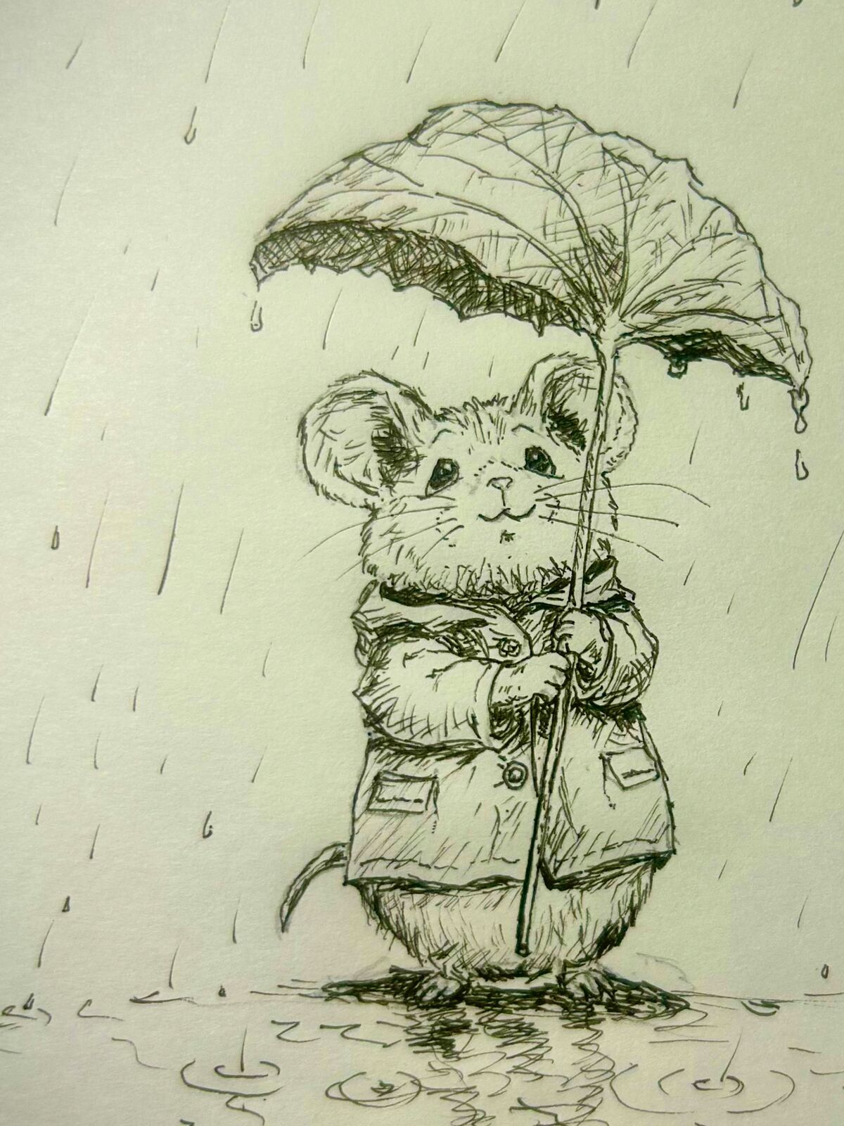 雨の中、葉っぱの傘を差してコートを着たかわいいネズミが立っている鉛筆画。