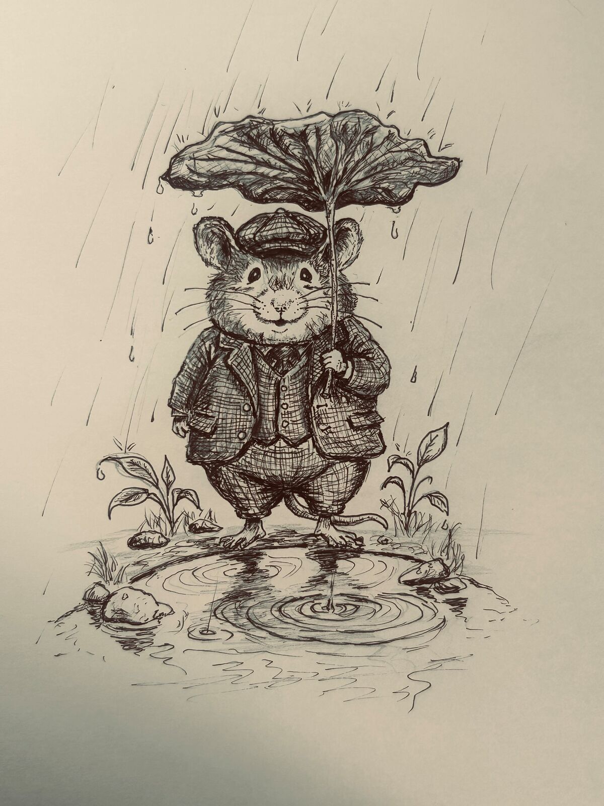 帽子とジャケット姿の、ネズミのパパのペン画。