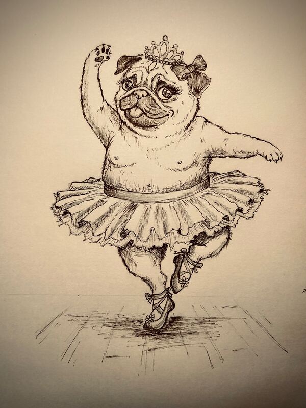 Black-and-white pen and ink drawing: a chubby pug wearing a tiara, a bow, a ballet tutu and flower-decorated ballet shoes, raising one paw and standing on tiptoe as she dances on a stage. Fairy-tale picture book style.