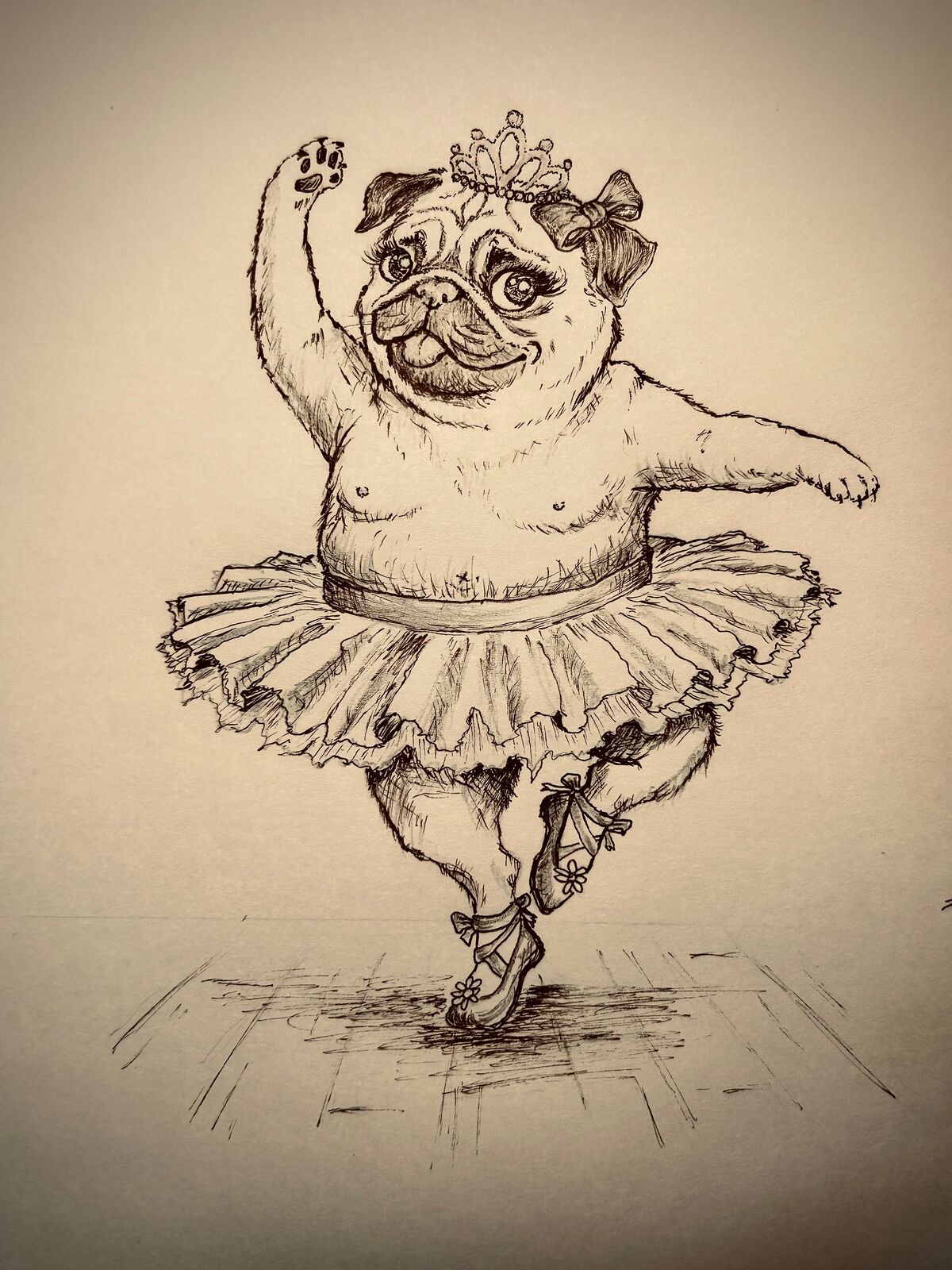 Black-and-white pen and ink drawing: a chubby pug wearing a tiara, a bow, a ballet tutu and flower-decorated ballet shoes, raising one paw and standing on tiptoe as she dances on a stage. Fairy-tale picture book style.